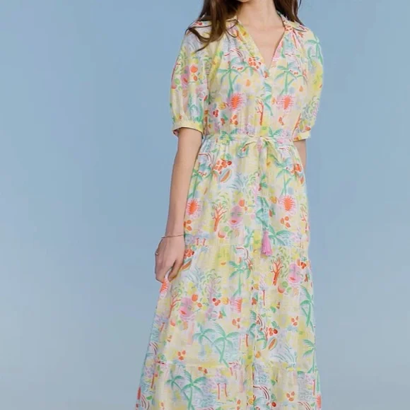 New Roller Rabbit Vacation Short Sleeve Maxi Dress Yellow/Green Size M - Picture 4 of 10